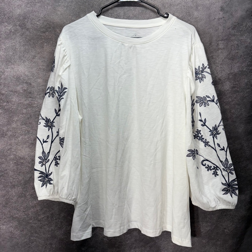 St Johns Bay Embroidered Puff Sleeve Top Plus Size 2X White Navy Boho‎ Coastal